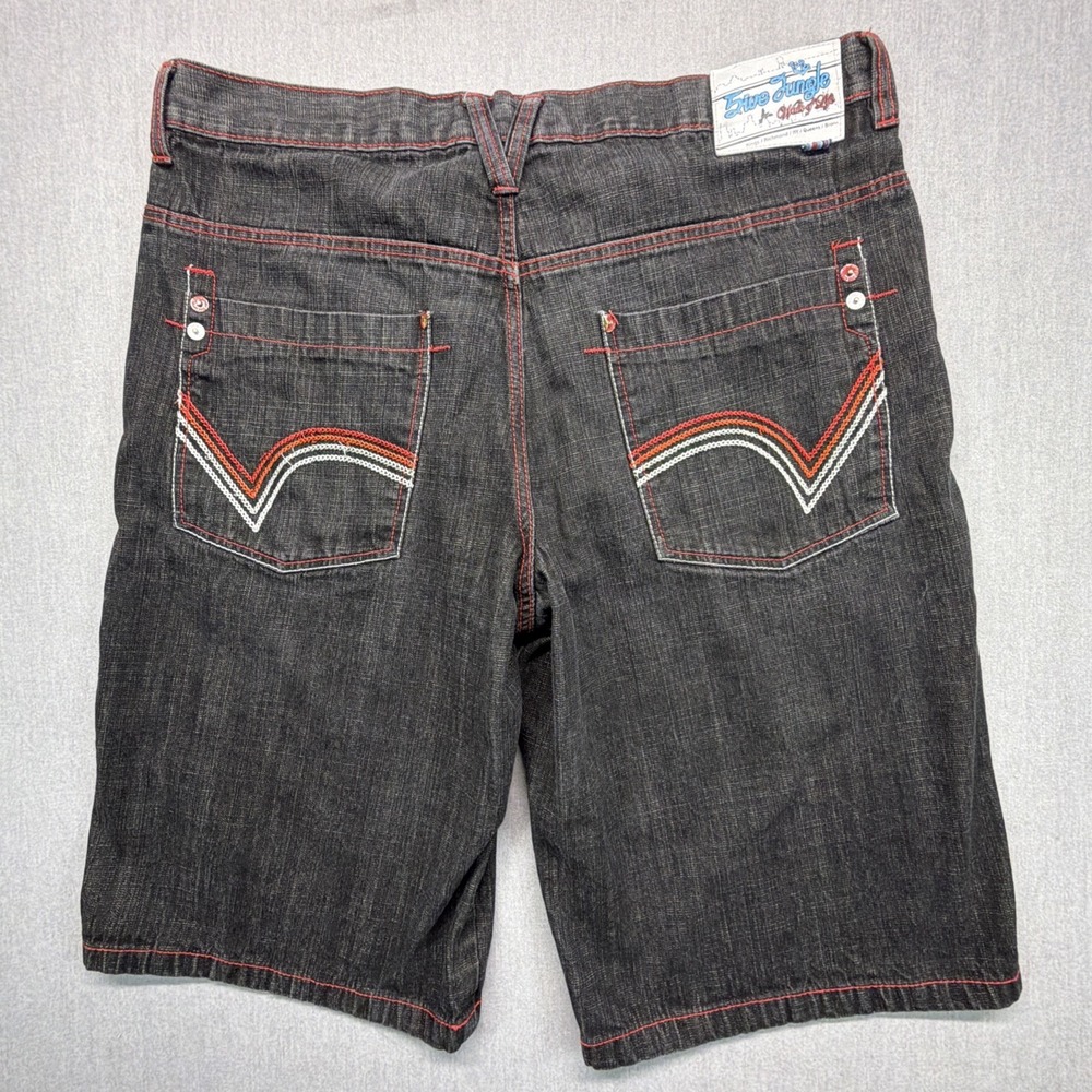 5ive Jungle & Co. Denim Shorts Mens 40 Black Red Stitching Embroidered Jorts